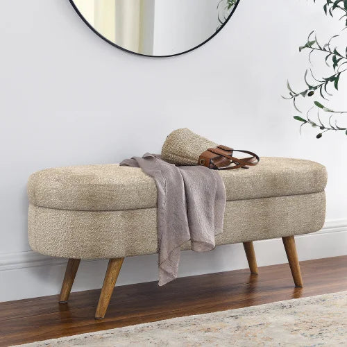 43.8" Boucle Storage Ottoman Bench, 300 Lb Capacity, Upholstered, Safety Hinge, Flip-Top Oval Foot Rest With Wood Legs