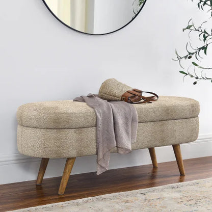 43.8" Boucle Storage Ottoman Bench, 300 Lb Capacity, Upholstered, Safety Hinge, Flip-Top Oval Foot Rest With Wood Legs