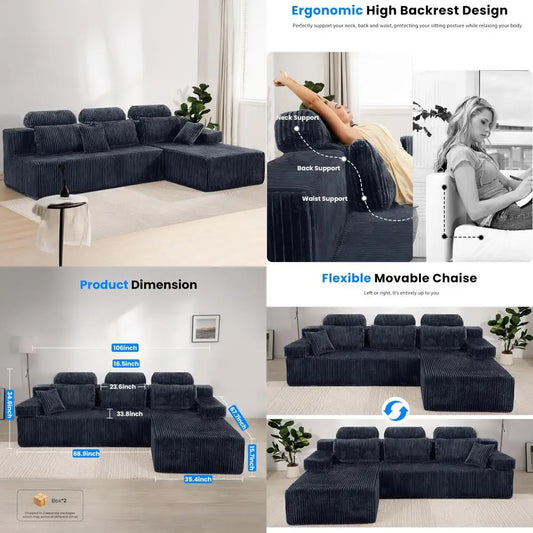 "High Backrest L-Shape Modular Sectional Sofa with Cloud Corduroy, Convertible Chaise for Left or Right Side, Bonel"