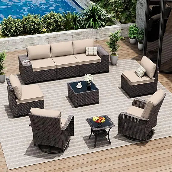 9-Piece Outdoor Patio Furniture Set with 2 Swivel Chairs and Sectional Sofa for Conversations in Brown