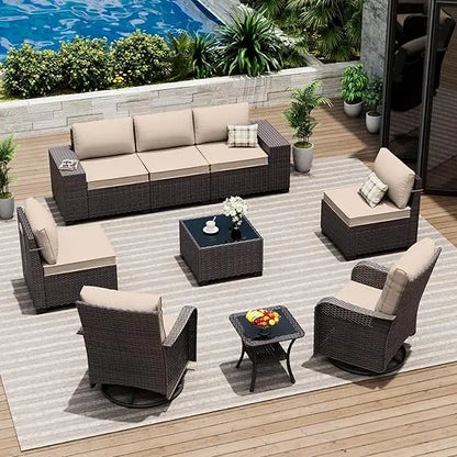 9-Piece Outdoor Patio Furniture Set with 2 Swivel Chairs and Sectional Sofa for Conversations in Brown