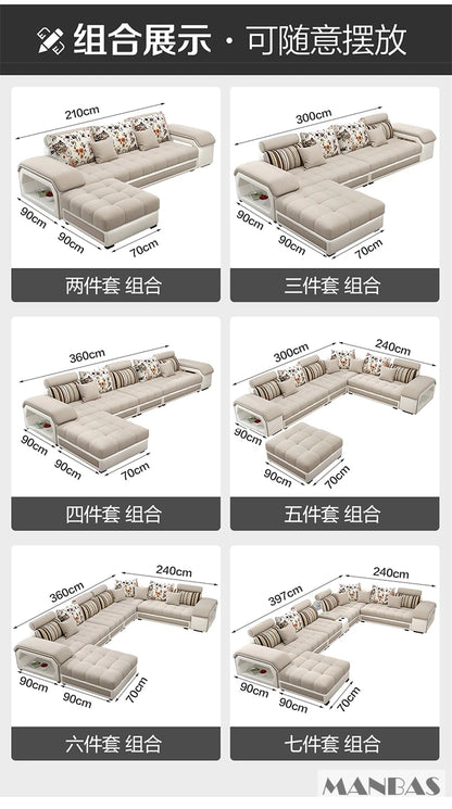MINGDIBAO Fabric Sofa Set Furniture Living Room Sofa Set with USB and Stools / Big U Shape Cloth Couch Sofas for Home Furniture