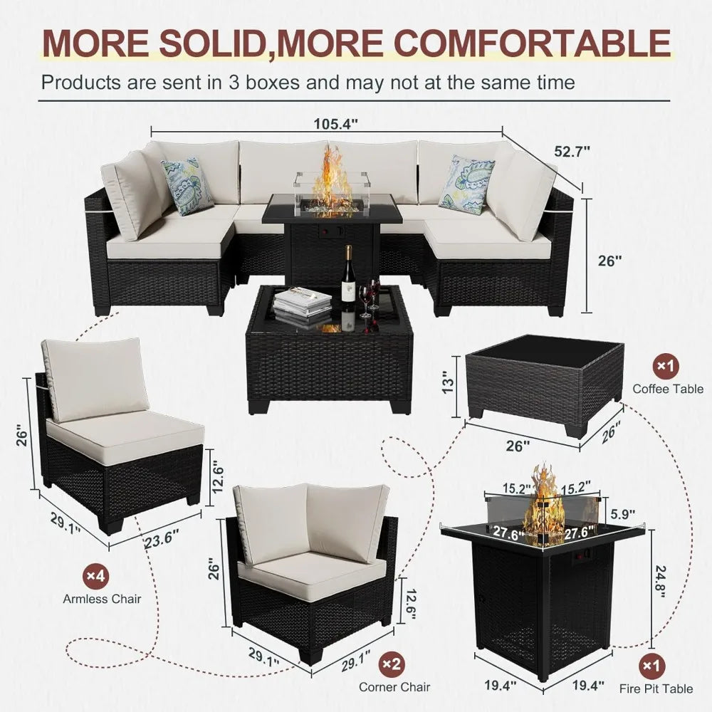 8-Piece Outdoor Patio Furniture Set with Fire Pit, Sectional Wicker Sofa, Conversation Area for Backyard
