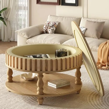 31.49'' Round Wood Coffee Table with Storage 2-Tier Circle Fluted Coffee Table Natural Rustic Center Table with Lid Shelf for L
