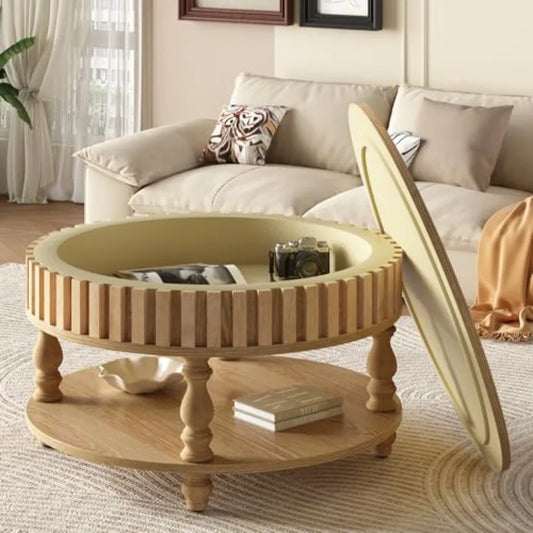 31.49'' Round Wood Coffee Table with Storage 2-Tier Circle Fluted Coffee Table Natural Rustic Center Table with Lid Shelf for L