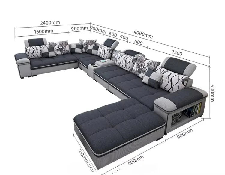 Modern simple living room sofa set U-shaped sleepable luxury cloth sofa villa large combination corner function sofa