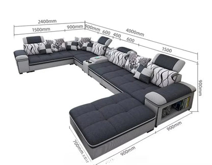 Modern simple living room sofa set U-shaped sleepable luxury cloth sofa villa large combination corner function sofa