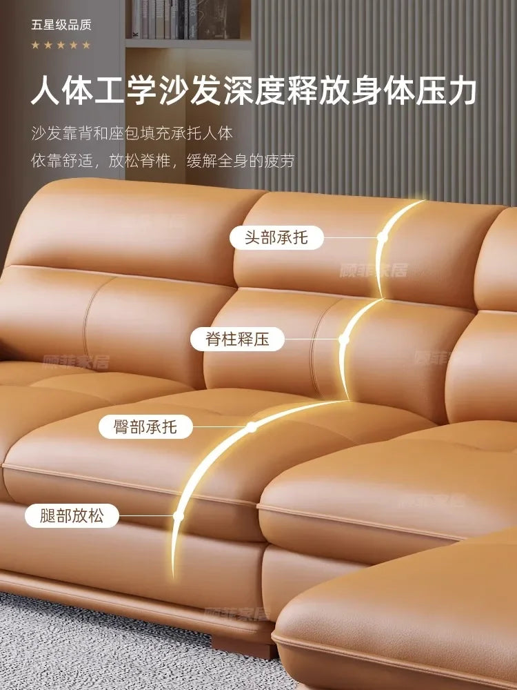 Nordic Italian light luxury leather sofa with a top layer of cowhide, modern and minimalist living room size,  art sofa