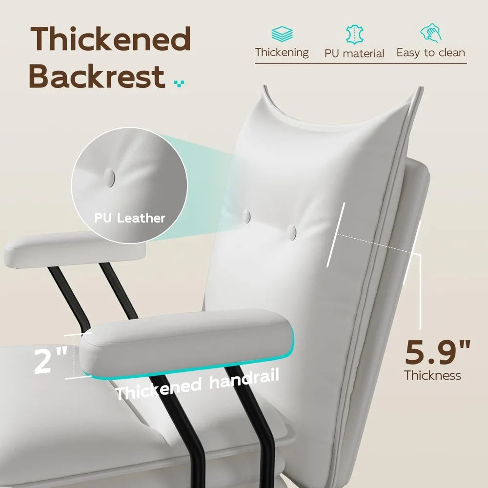 White Leather Office Chair with Wheels, Triple-Layers Thicken Wide Seat Height Adjustable, Mid Back, Comfy Desk Chair for Home,