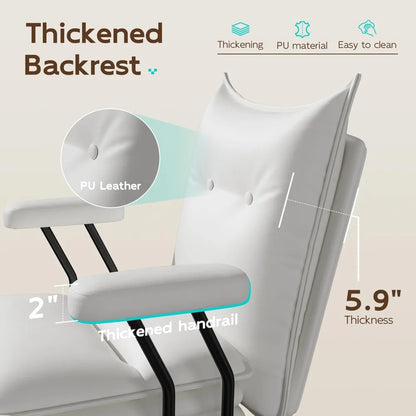 White Leather Office Chair with Wheels, Triple-Layers Thicken Wide Seat Height Adjustable, Mid Back, Comfy Desk Chair for Home,