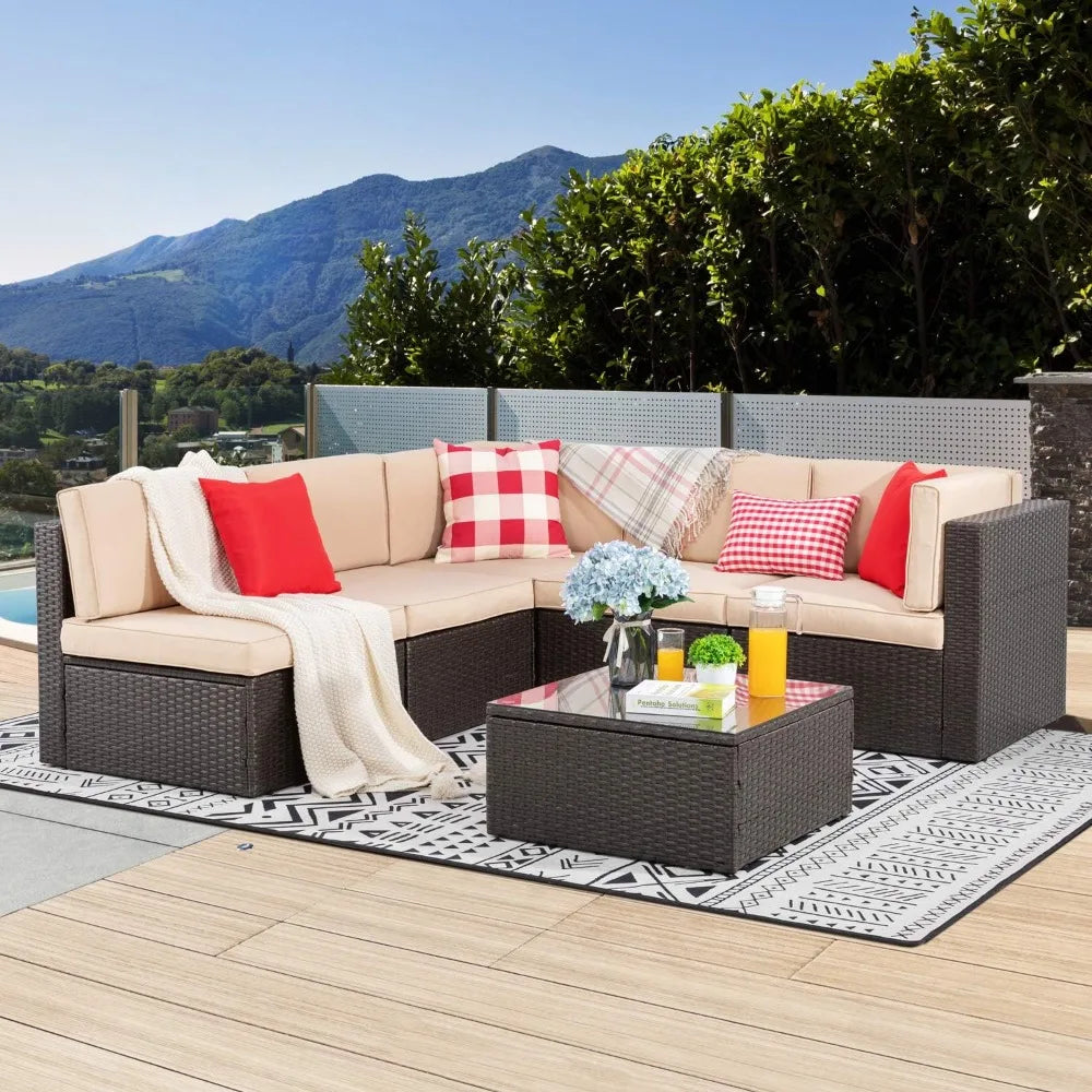 6 Piece Patio Furniture Set, Small Outdoor Sectional Sofa Couch, All Weather PE Wicker L-Shaped Corner Patio Sofa Garden Backya