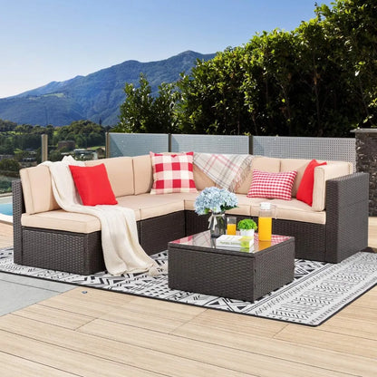 6 Piece Patio Furniture Set, Small Outdoor Sectional Sofa Couch, All Weather PE Wicker L-Shaped Corner Patio Sofa Garden Backya
