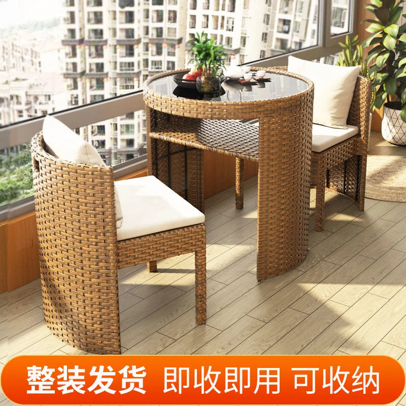 Balcony Small Table and Chair Tea Table and Chair Kit Outdoor Garden Combination Leisure Storage Rattan Knitting Small Table and