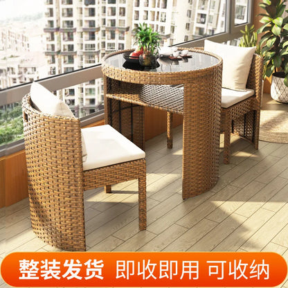 Balcony Small Table and Chair Tea Table and Chair Kit Outdoor Garden Combination Leisure Storage Rattan Knitting Small Table and