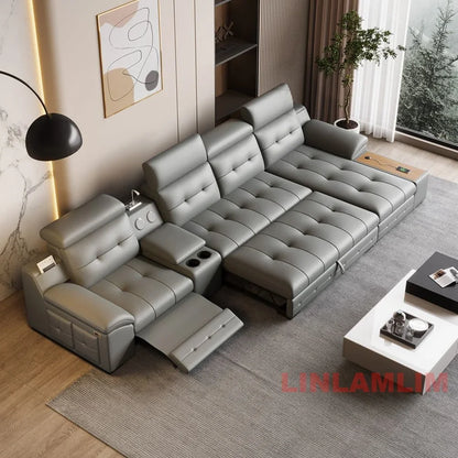 Electric Reclining Sectional Sofa Bed with Cup Holder & Adjustable Headrests – Italian Genuine Leather Convertible Sleeper Couch