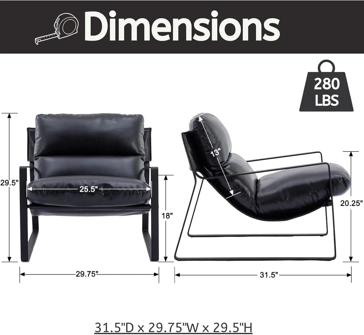Modern PU Leather Office Chair with Metal Base Removable Cushion Comfy Lounge Chair for Living Room Bedroom Office Black
