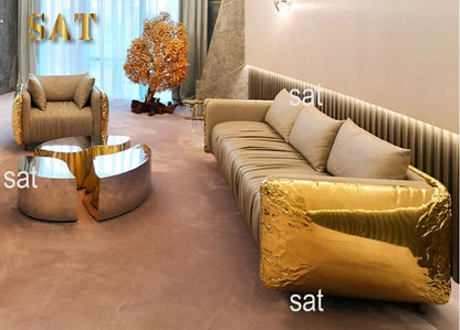 mz-Luxury Furniture Italian High-end Luxury Gold Stainless Steel Pattern Sofa Couch Living Room Sofa for Villa~