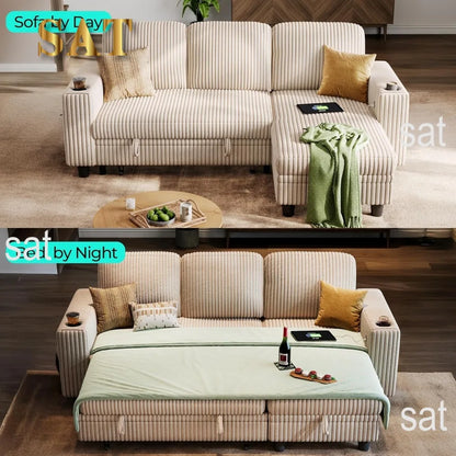Convertible Plush Corduroy Cloud Couch with Storage Chaise & USB Charging