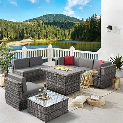 # Patio Furniture Set 8PCS With 40" Fire Pit Table Outdoor Sectional Sofa Set Wicker Furniture Set With Coffee Table(Brown) #