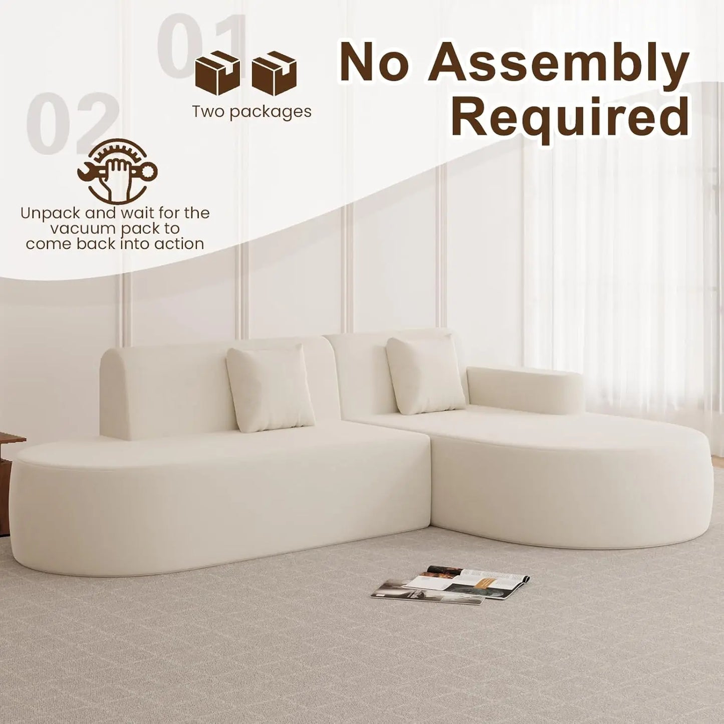 Modern Curved Boneless L-Shape Sectional Sofa Chenille Cloud Living Room Apartment Bedroom Right Facing, Customized