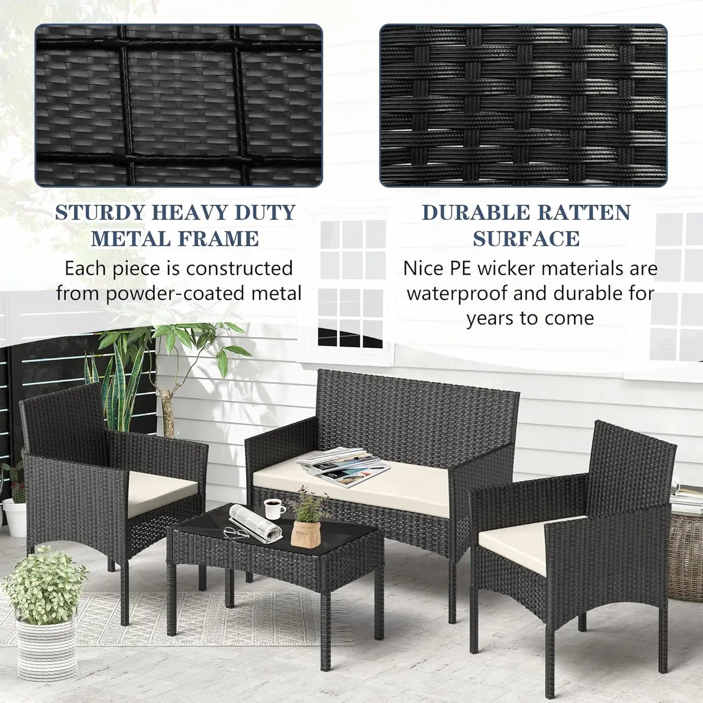 4 Pieces Patio Furniture Set, Outdoor Wicker Rattan Patio Conversation Furniture Set with Waterproof Cushion and Table
