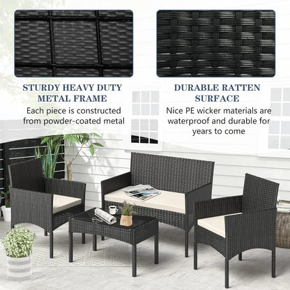 4 Pieces Patio Furniture Set, Outdoor Wicker Rattan Patio Conversation Furniture Set with Waterproof Cushion and Table
