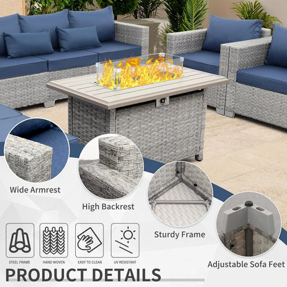 Patio Furniture Set 6 Piece PE Rattan Outdoor Conversation Sets Grey Wicker Couch Sectional Sofa with Fire Pit Table, Custom