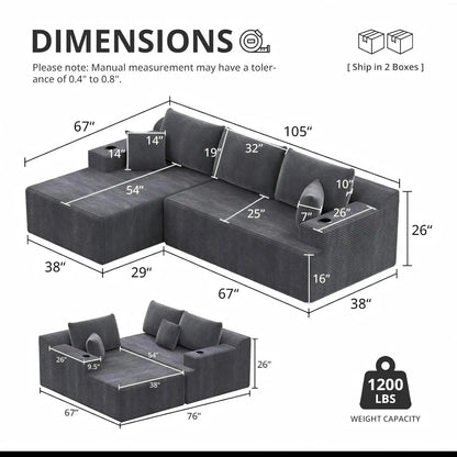 105" L Shaped Sectional Couch, Cloud Modular Boneless Sofa with 2 Cup Holders, Oversized Corduroy Floor Sofa with, Custom