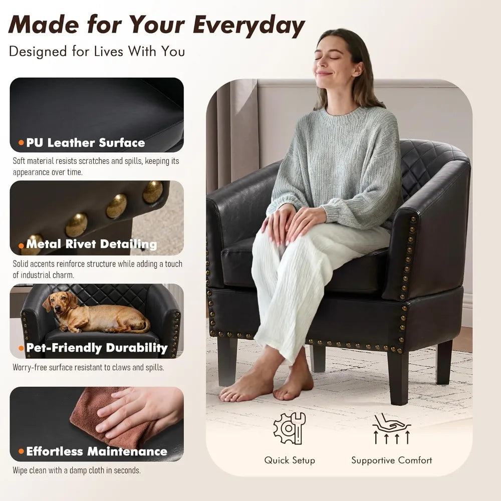 Barrel Chair Living Room Chair, Upholstered Sofa Club Chair with Nail-Heads and Solid Wood Legs for Bedroom, Offic