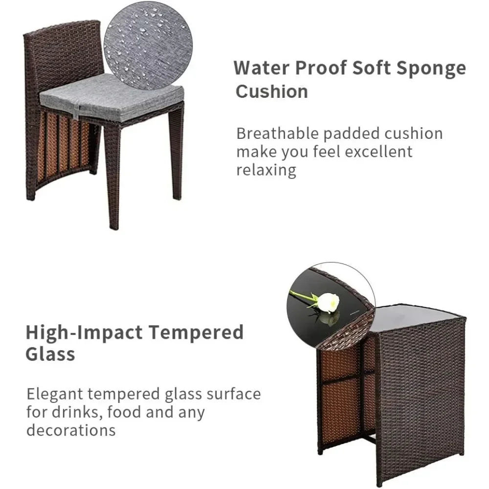 t Bonnlo 3 PCS Wicker Outdoor Patio Bistro Set, Patio Furniture Set for Small Space with Glass Top Table Dining Chairs, Balcony