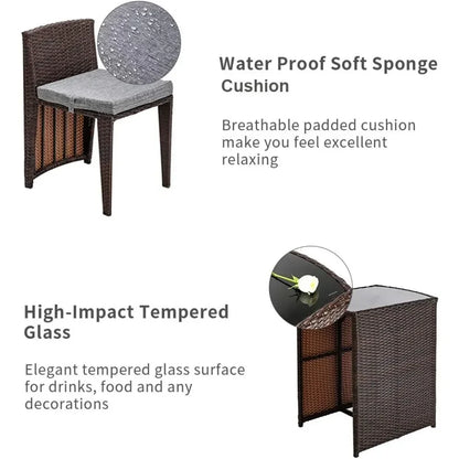 t Bonnlo 3 PCS Wicker Outdoor Patio Bistro Set, Patio Furniture Set for Small Space with Glass Top Table Dining Chairs, Balcony