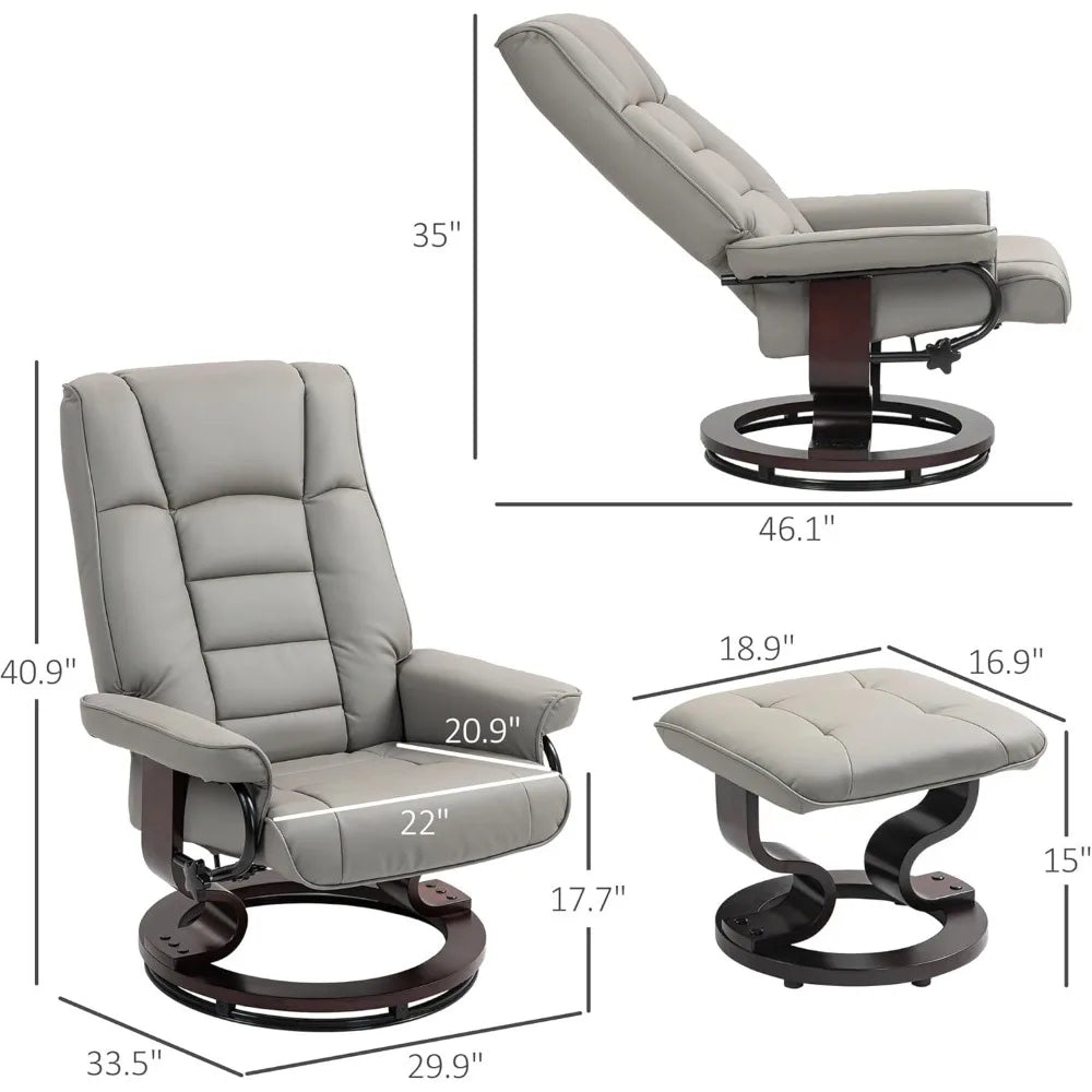 Faux Leather Reclining Chair, Swivel Ottoman Chair, Recliner with Ottoman with High Back and Wood Frame for Living Room, Gray