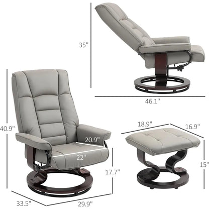 Faux Leather Reclining Chair, Swivel Ottoman Chair, Recliner with Ottoman with High Back and Wood Frame for Living Room, Gray