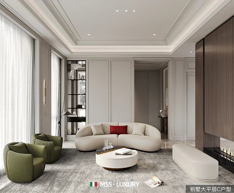 Two-color U-shaped villa leather sofa, modern light luxury semi-curved sofa