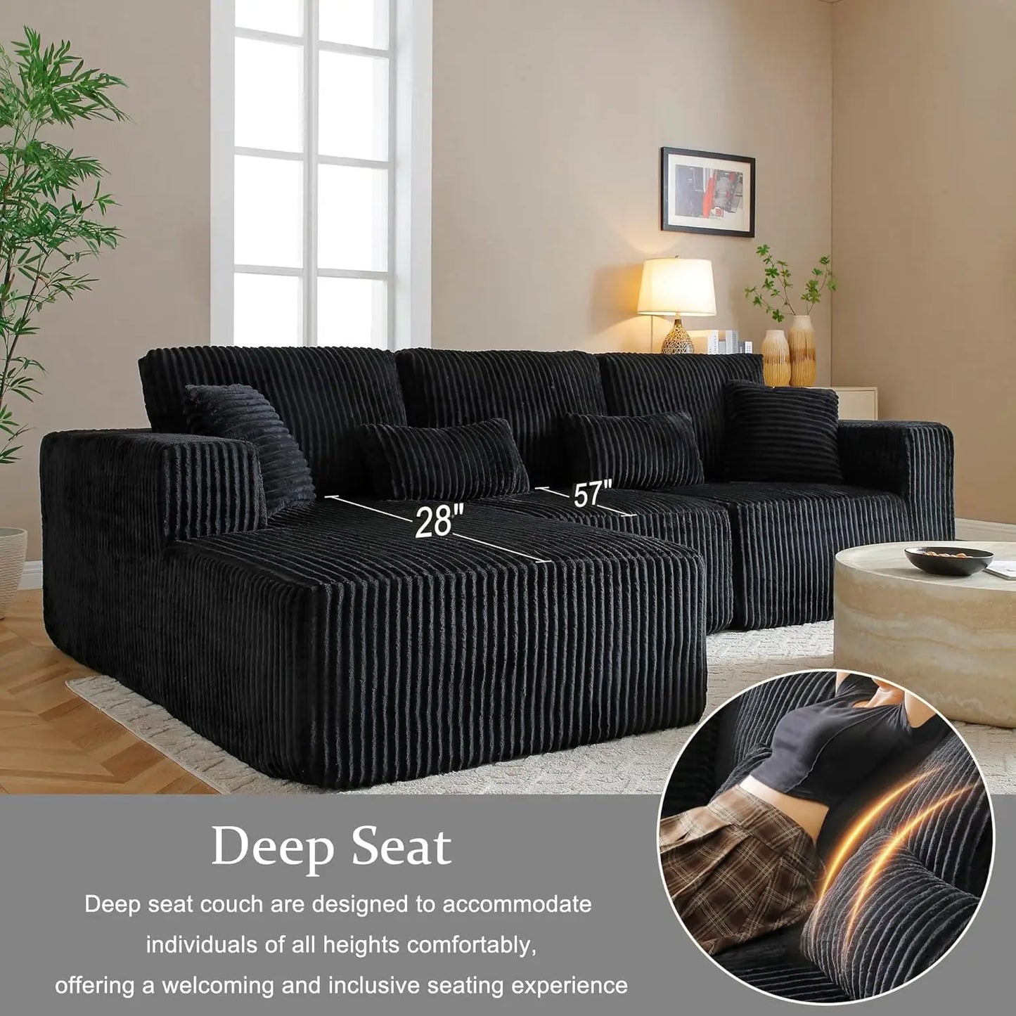 Modular Sectional Sofa, 107' L-Shaped Dark Black Couch with Deep Seat Memory Foam, Plush Corduroy, Left-Facing Chaise