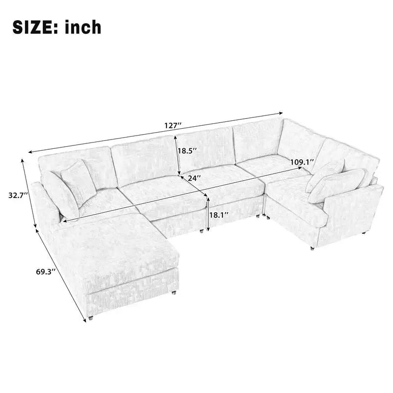 U-Style 127" U-Shaped Sectional Sofa with Movable Ottoman, 6-Piece Chenille Fabric Sofa Set, Convertible Modular Corner Couch