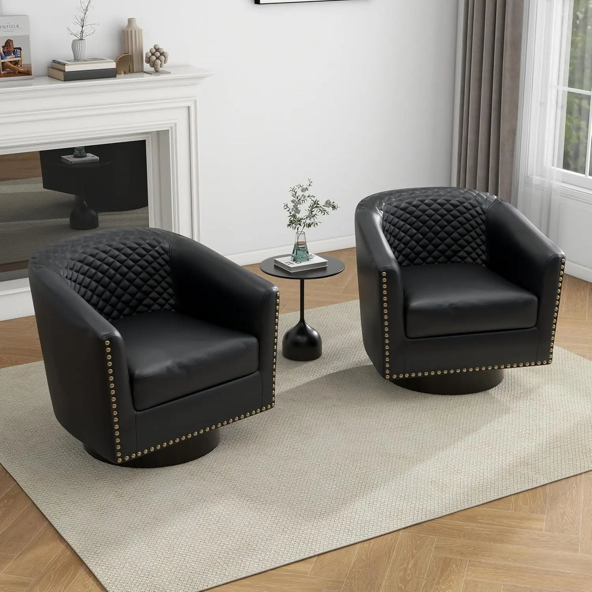 Faux Leather Swivel Barrel Accent Chairs Set of 2, Upholstered Armchair Club Chair for Living Room, Round Comfy Single Sofa Bedr