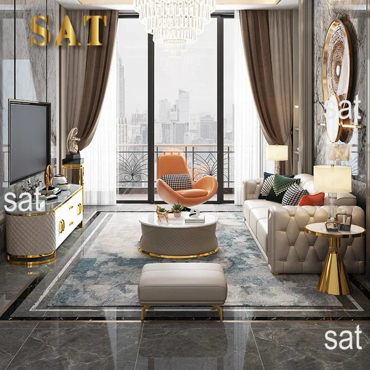 -Modern Luxury High-end Living Room Sofa Set Furniture Upholstered Full Leather Button Tufted Sofa Home