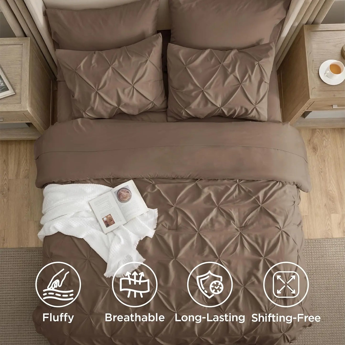 Queen Comforter Set Brown Bed in a Bag Queen Size 7 Pieces GentleSoft™ Pintuck Bed Set Gift for Family Pinch Pleat Brown Comfort