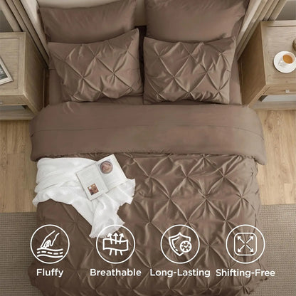 Queen Comforter Set Brown Bed in a Bag Queen Size 7 Pieces GentleSoft™ Pintuck Bed Set Gift for Family Pinch Pleat Brown Comfort