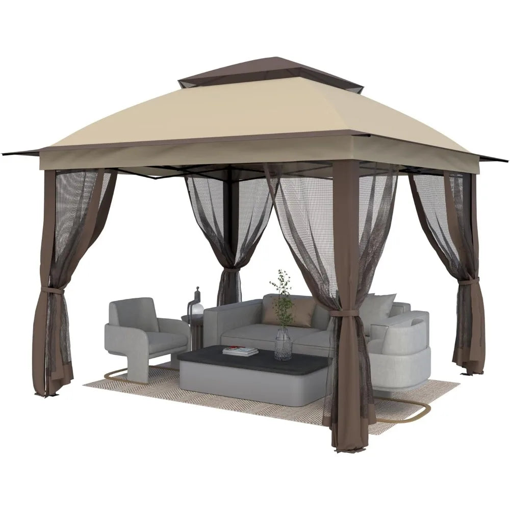 11'X11' Gazebo Pop Up with 4 Sidewalls Mosquito Netting, Heavy Duty Patio Gazebo Canopy Tent with Double Air Roofs for Backyards