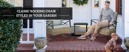 3 Piece Patio Rocking Chair Set, Outdoor Wicker Bistro Set with 2 Cushioned Porch Rockers and 2 Tier Coffee Table for Garden, Po