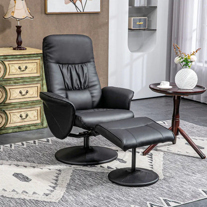 Reclining armchair with footstool, TV armchair, swivel upholstered armchair for living room, bedroom, faux leather, black
