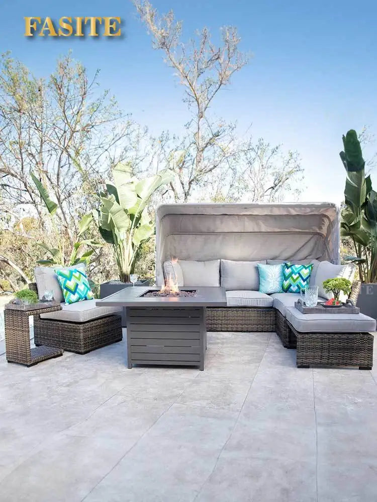 Lying bed, covered courtyard, high-end villa, outdoor rattan woven sofa bed, terrace, outdoor rattan chair