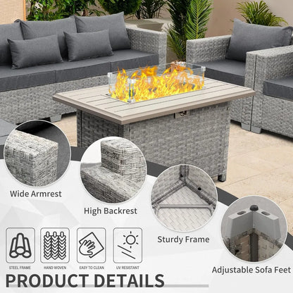 Patio Furniture Set 6 Piece Grey Wicker Outdoor Furniture Patio Sectional Sofa Couch PE Rattan Conversation Sets with Fire Pit