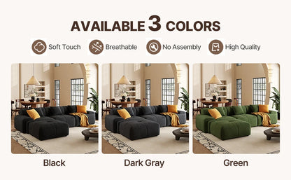 113" Modern L-Shaped Modular Sectional Sofa for Living Room, Corduroy Upholstery Green, 3-Seater Cloud Couchand Movable Ottoman