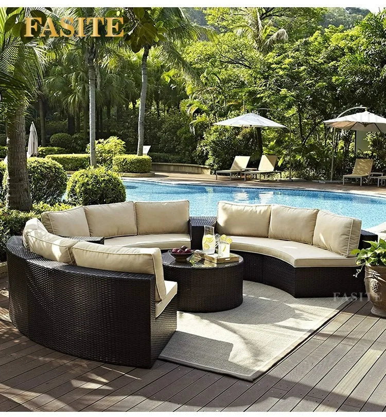 Outdoor round rattan sofa combination garden courtyard semi-circular rattan chair outdoor hotel curved living room