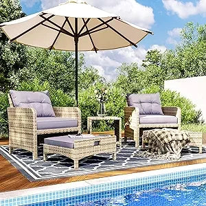 5 Pieces Patio Furniture Set, Rattan Balcony Furniture with Ottomans, PE Wicker Outdoor Patio Chairs Set with Coffee Table for