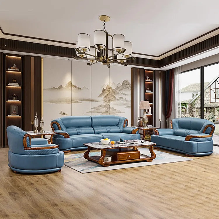 New Chinese ebony leather sofa modern simple living room large first layer yellow cowhide new solid wood combination
