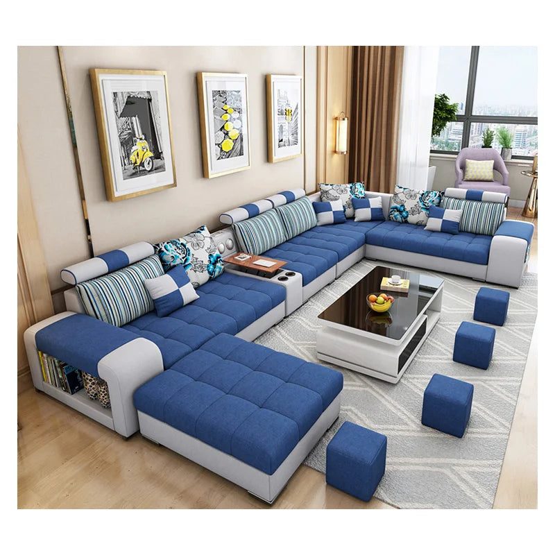Modern Fabric Sofa Set Furniture Living Room Sofa Set with USB and Stools U Shape Cloth Couch Sofas for Home Furniture 1903